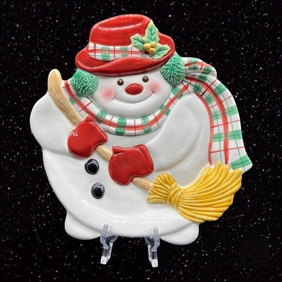 Fitz & Floyd Christmas Snowman Canape Plate Decorated Ceramic Plate 9”L 8”W - Picture 1 of 7